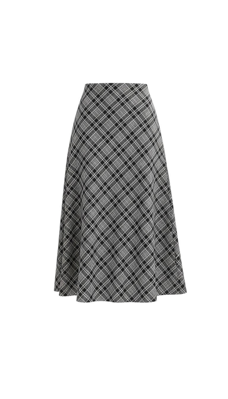graced The Beth plaid midi skirt in a black and white A-line silhouette with a classic tartan pattern