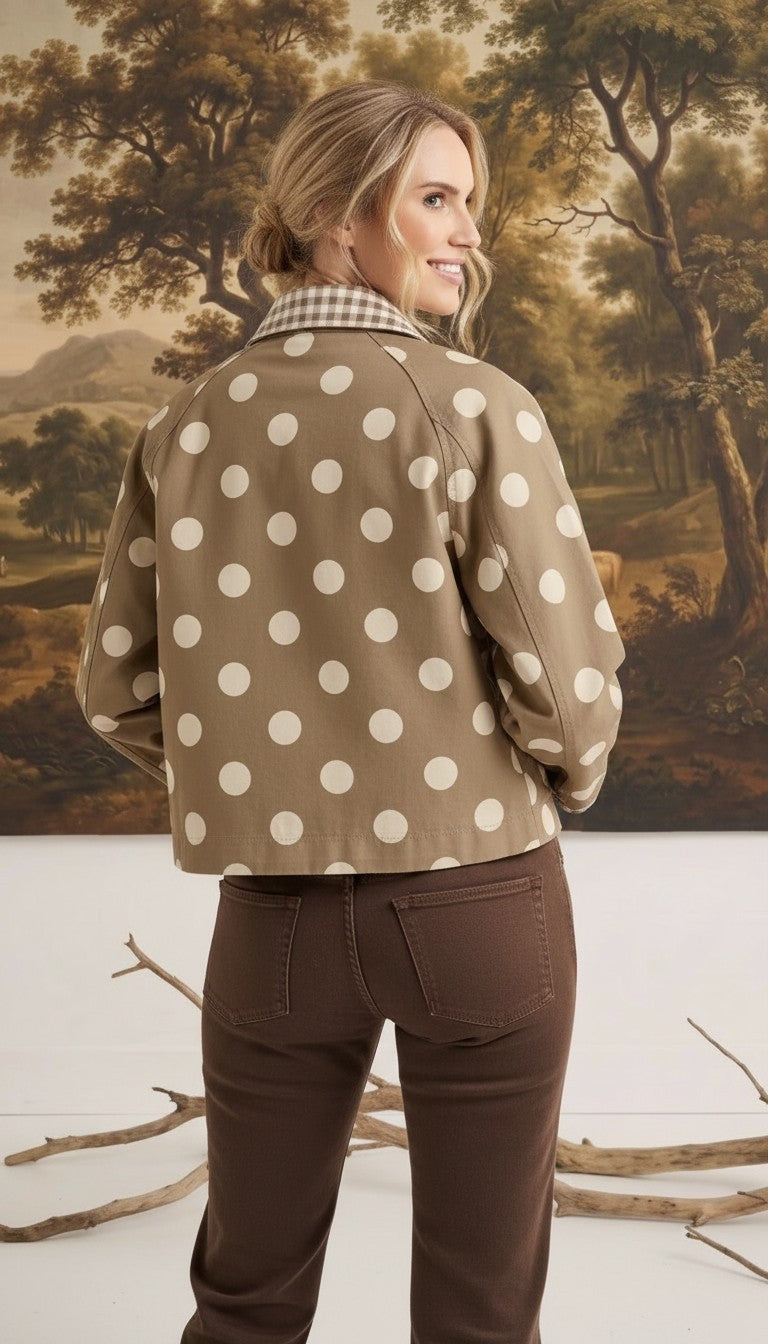 graced Julia canvas twill jacket in tan with white polka dots and a gingham collar worn by a woman from the back