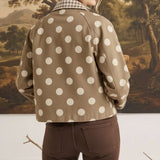 graced Julia canvas twill jacket in tan with white polka dots and a gingham collar worn by a woman from the back