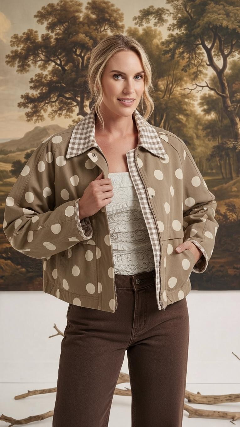 Model wearing a graced Julia polka dot canvas twill jacket in tan with a gingham collar, styled over a white top.