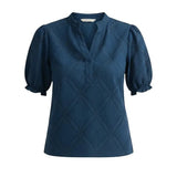 Lovestitch puff sleeve split neck blouse featuring a feminine design with puffed sleeves and a V-shaped neckline.