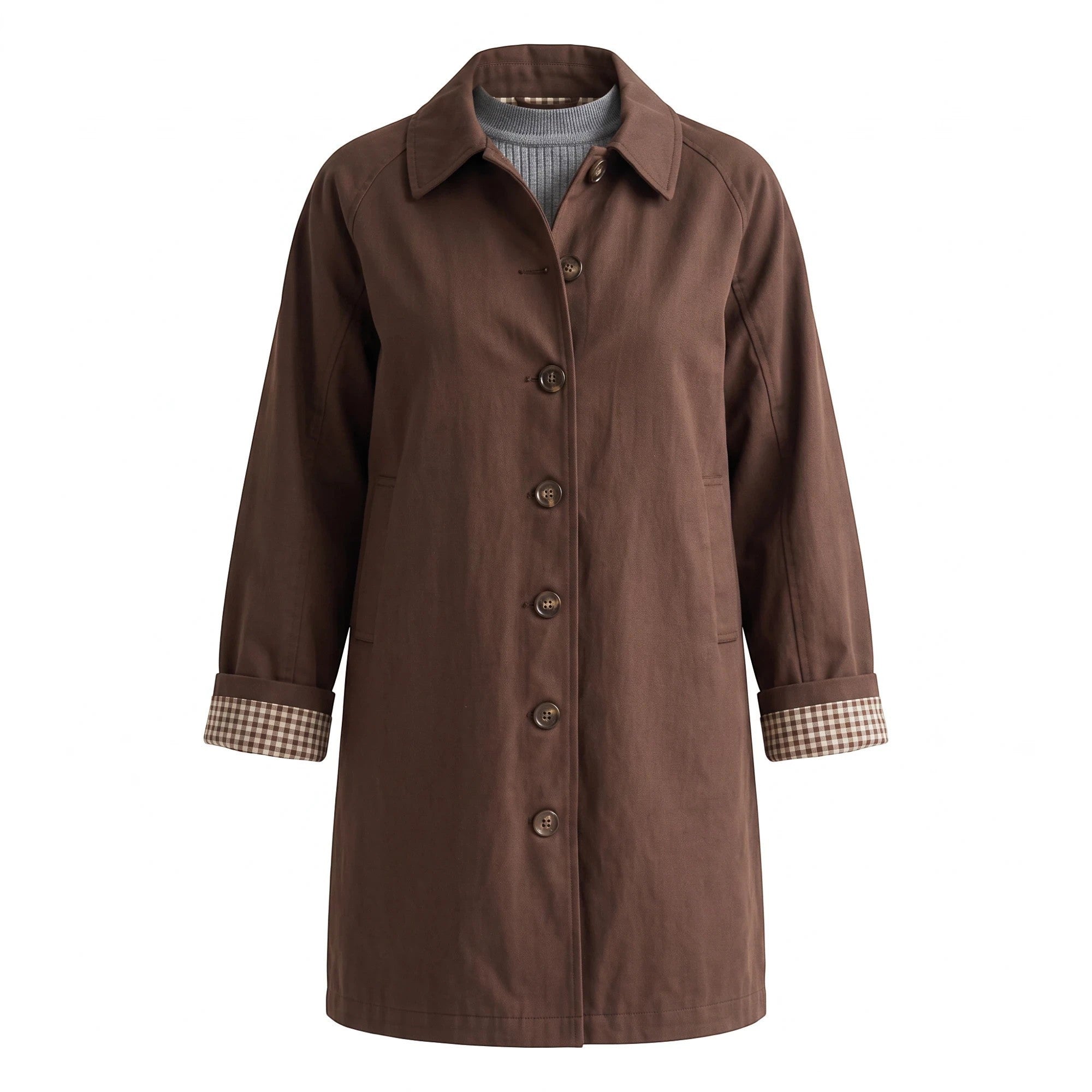 graced The Raven midi trench coat in brown with a classic collar, button front, and plaid cuff lining details.