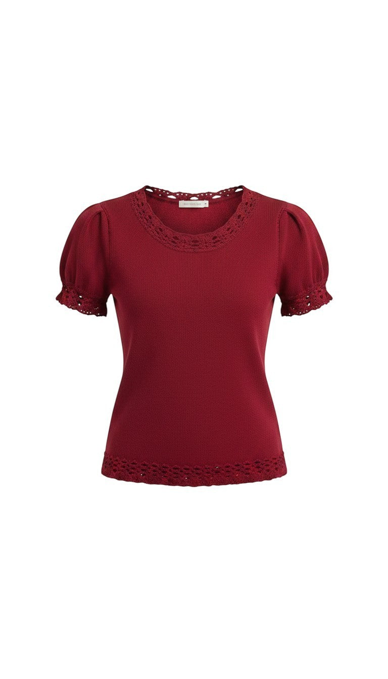 Red knit puff sleeve top with scallop trim by Camellia, featuring a stylish and feminine design.
