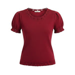 Red knit puff sleeve top with scallop trim by Camellia, featuring a stylish and feminine design.