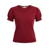 Red knit puff sleeve top with scallop trim by Camellia, featuring a stylish and feminine design.