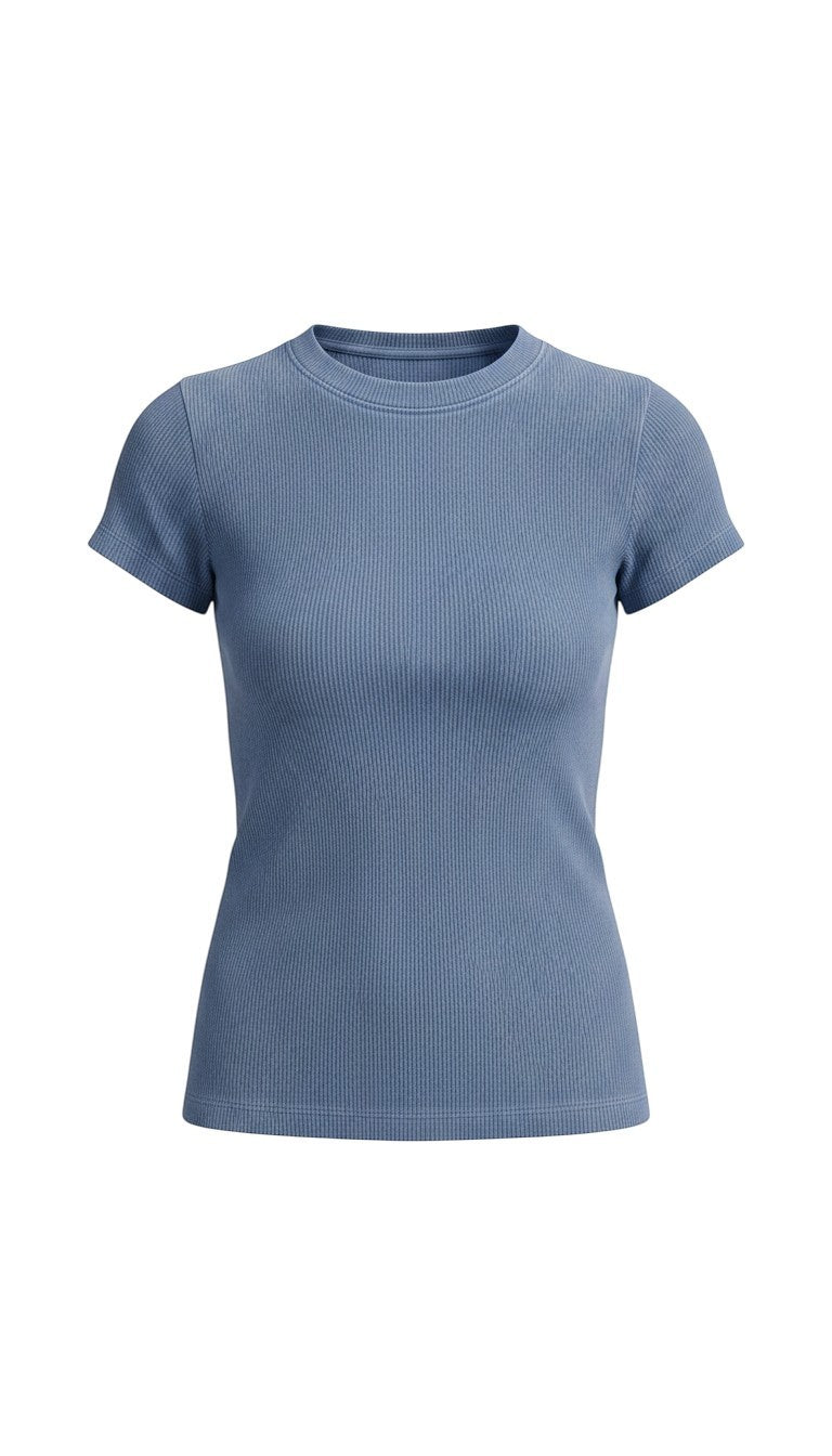 Dark indigo ribbed crew neck top by Be Cool, showcasing its textured fabric and classic fit for casual and stylish wear.