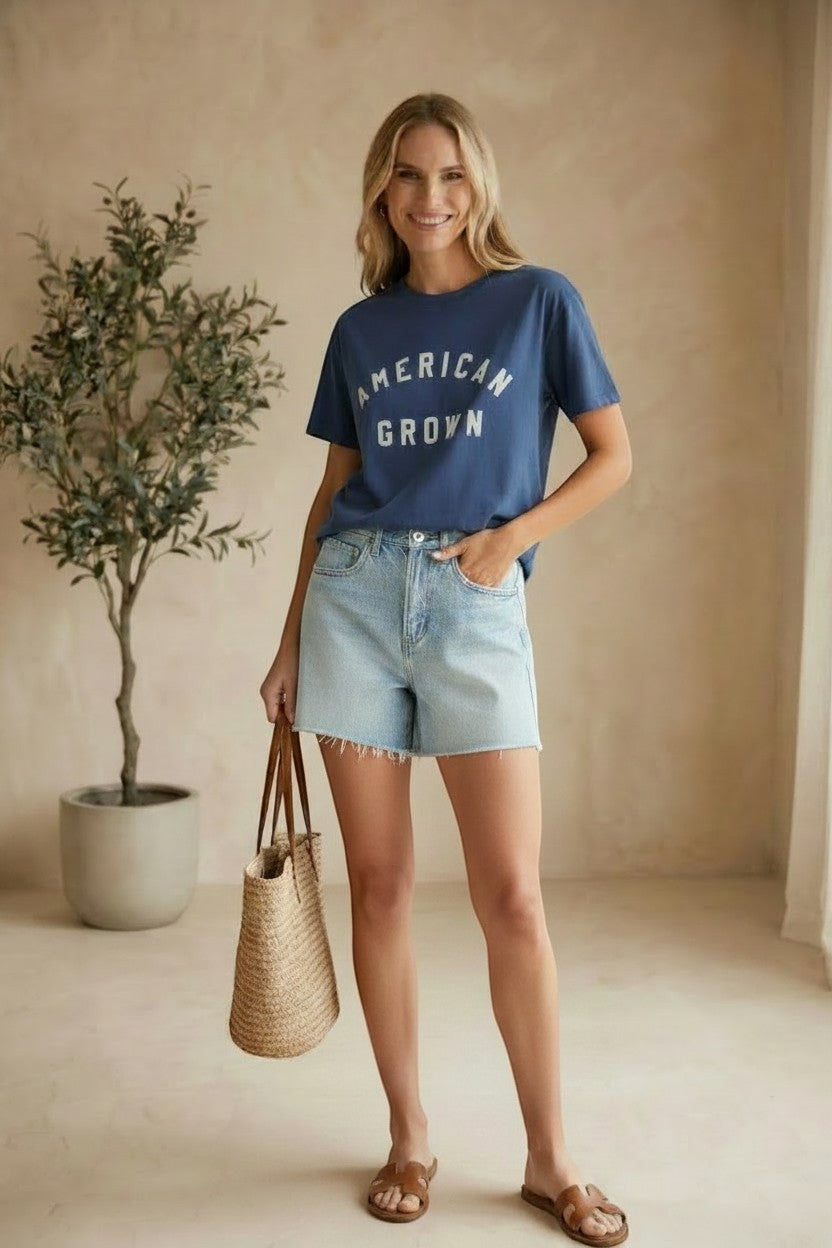 Blue cotton Rosa American Tee by Z Supply, a casual basic top with a relaxed fit and soft fabric, displayed on a hanger.