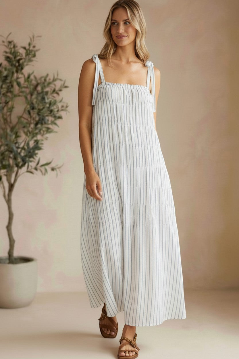 Striped Lovestitch Shirred Tie Shoulder Maxi Dress featuring a flowing silhouette and adjustable shoulder ties.
