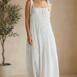 Striped Lovestitch Shirred Tie Shoulder Maxi Dress featuring a flowing silhouette and adjustable shoulder ties.