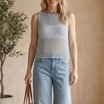 Blue sleeveless crochet knit tank top by Forte, featuring a breathable cotton fabric and intricate crochet detailing.