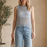 Blue sleeveless crochet knit tank top by Forte, featuring a breathable cotton fabric and intricate crochet detailing.