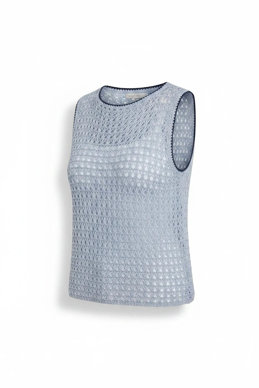 Light blue sleeveless crochet knit tank top by Forte, showcasing detailed crochet pattern and cotton fabric.