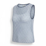 Light blue sleeveless crochet knit tank top by Forte, showcasing detailed crochet pattern and cotton fabric.