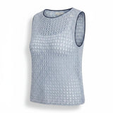 Light blue sleeveless crochet knit tank top by Forte, showcasing detailed crochet pattern and cotton fabric.