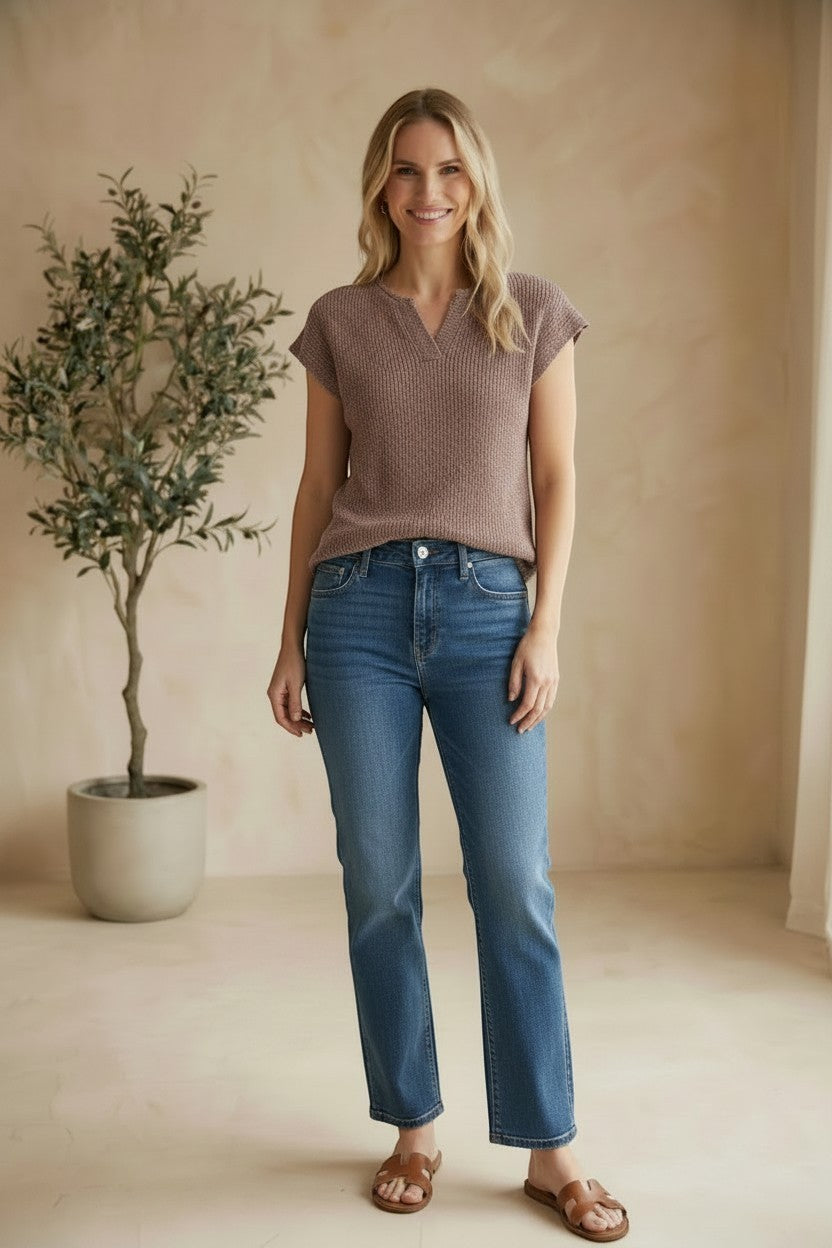 Mocha mousse split neck sleeveless sweater top by in february, made of soft cotton, casual and stylish for everyday wear.