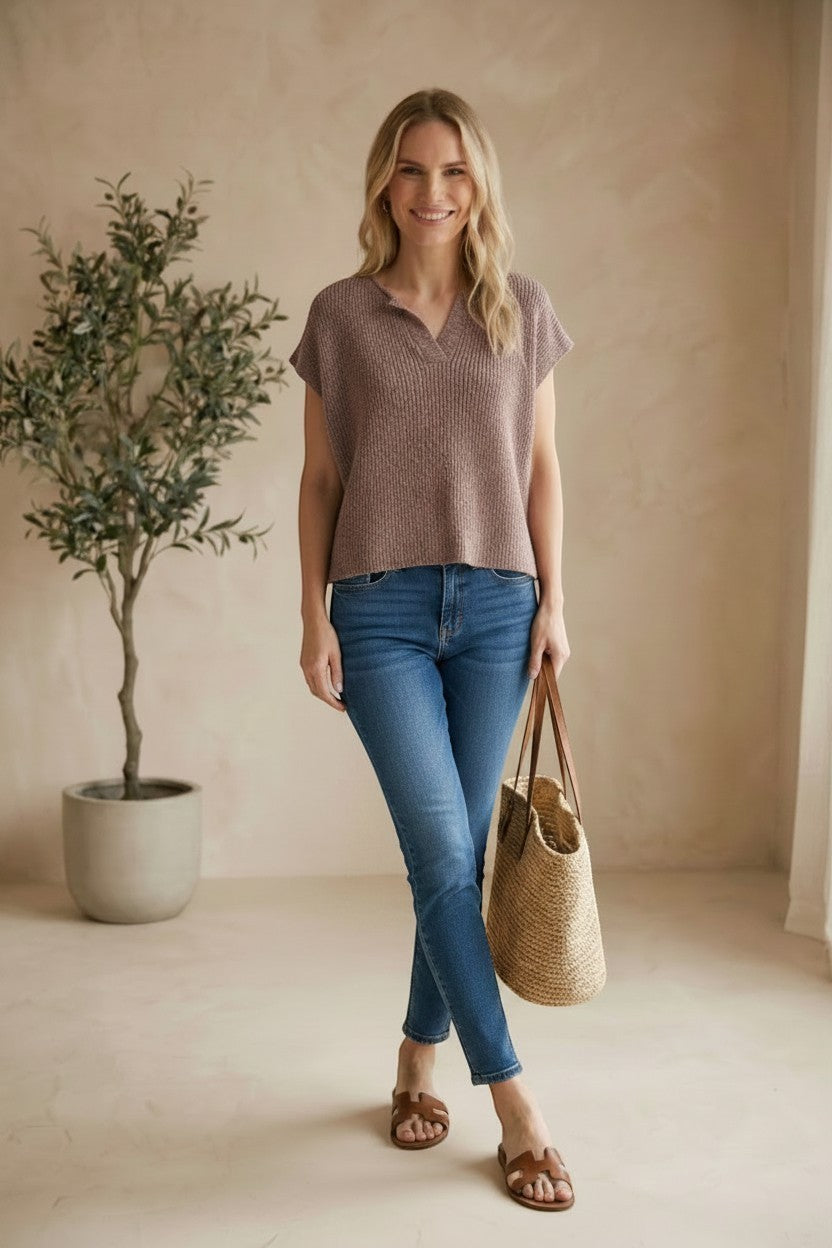 Mocha Mousse sleeveless sweater with split neck, lightweight cotton top by in February, casual basic top for stylish layering.
