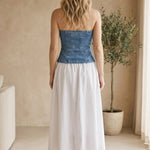 graced strapless denim bodice maxi dress with a white cotton skirt