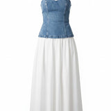 Strapless denim maxi dress from Fore Collection with contrast design, flowing skirt, and fitted bodice, perfect for summer wear.