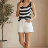 Navy and white striped knit tank sweater from Be Cool, featuring a textured stripe pattern and sleeveless design.