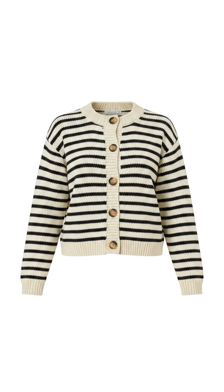 Navy chunky knit striped cardigan by Miou Muse featuring thick knit texture and relaxed fit, perfect for casual layered look.