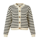 Navy chunky knit striped cardigan by Miou Muse featuring thick knit texture and relaxed fit, perfect for casual layered look.