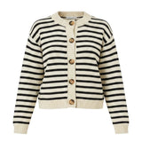 Navy chunky knit striped cardigan by Miou Muse featuring thick knit texture and relaxed fit, perfect for casual layered look.