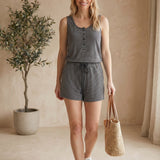 Klesis navy and grey striped cotton romper with drawstring waist and henley neckline, casual and comfortable for everyday wear.