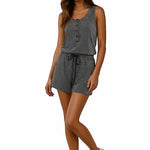 Klesis striped navy and white cotton romper with drawstring, featuring a casual, comfortable design for warm weather.