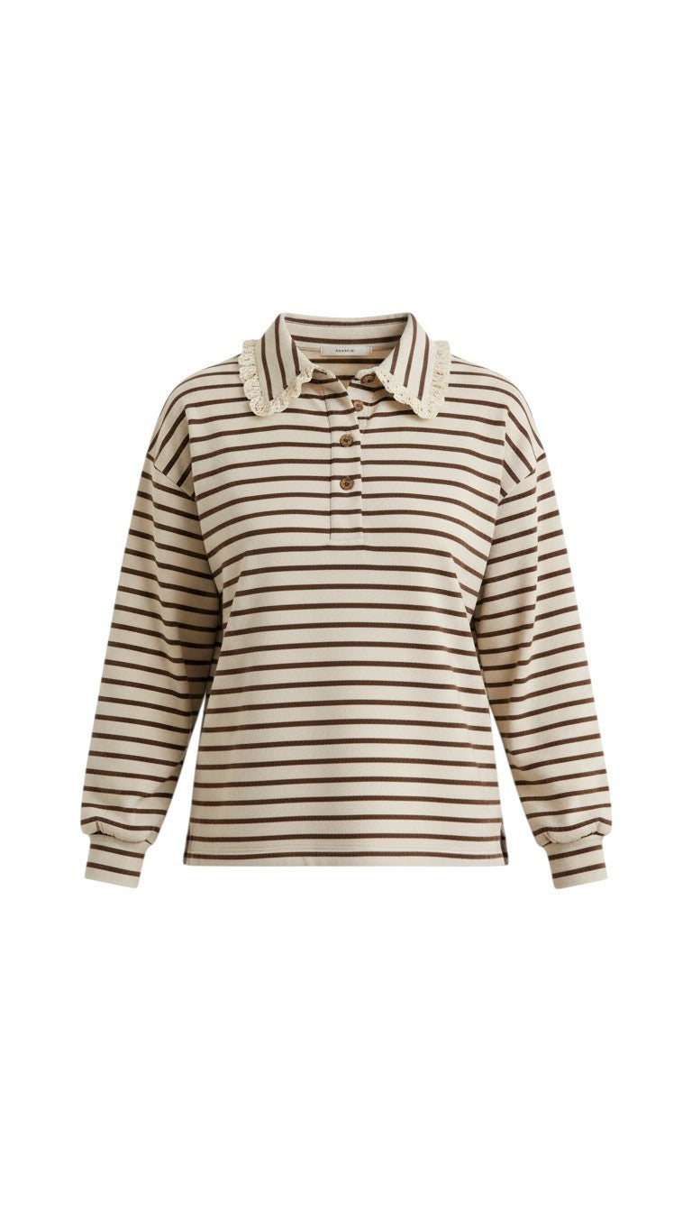 graced Tracy striped polo top in beige and brown cotton blend with delicate lace trim on the collar and cuffs