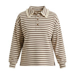 graced Tracy striped polo top in beige and brown cotton blend with delicate lace trim on the collar and cuffs