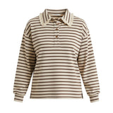 graced Tracy striped polo top in beige and brown cotton blend with delicate lace trim on the collar and cuffs