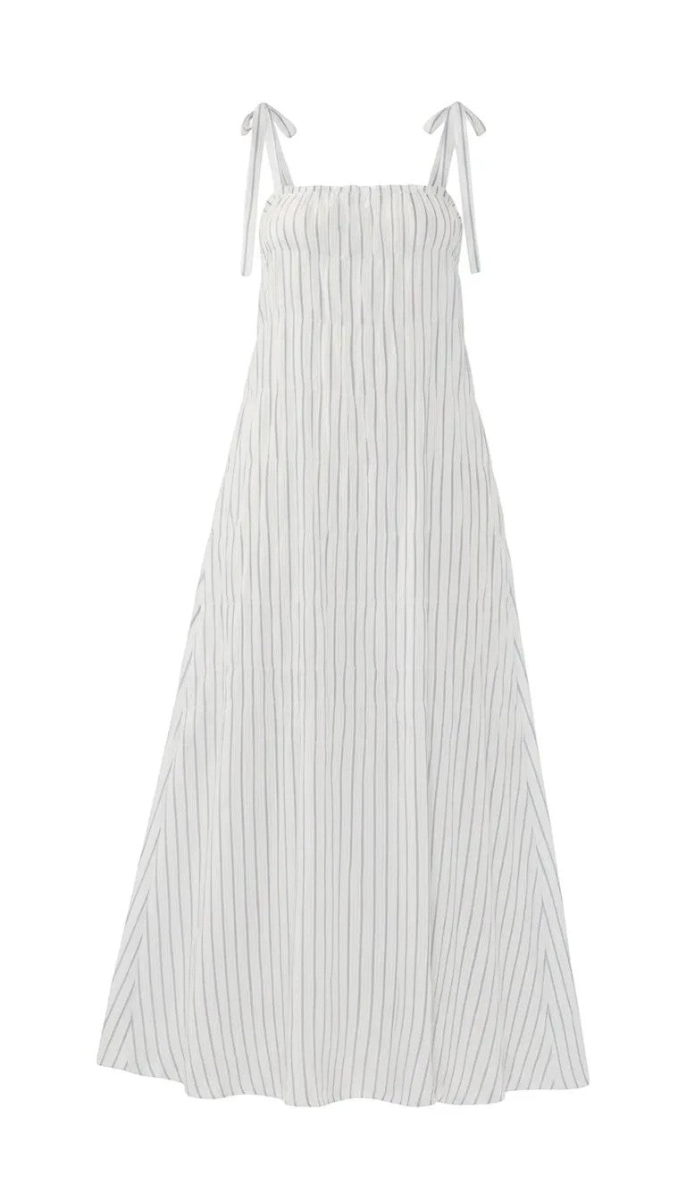 Lovestitch shirred tie shoulder maxi dress with striped pattern, flowing fabric, and elegant design perfect for summer wear.