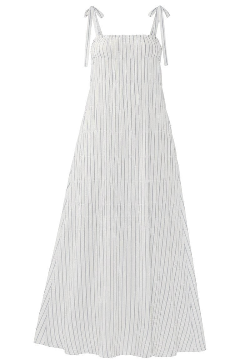 Lovestitch striped shirred tie-shoulder maxi dress with flowing fabric and relaxed fit, perfect for summer or casual occasions.