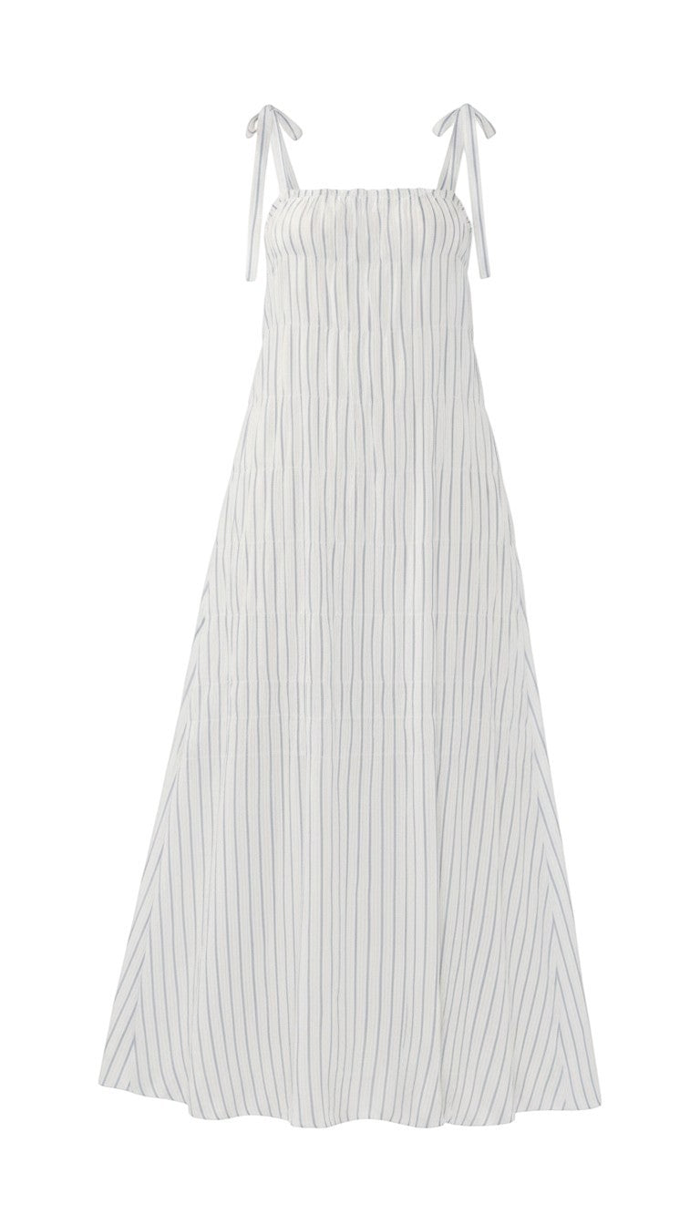 Lovestitch striped shirred tie-shoulder maxi dress with flowing fabric and relaxed fit, perfect for summer or casual occasions.