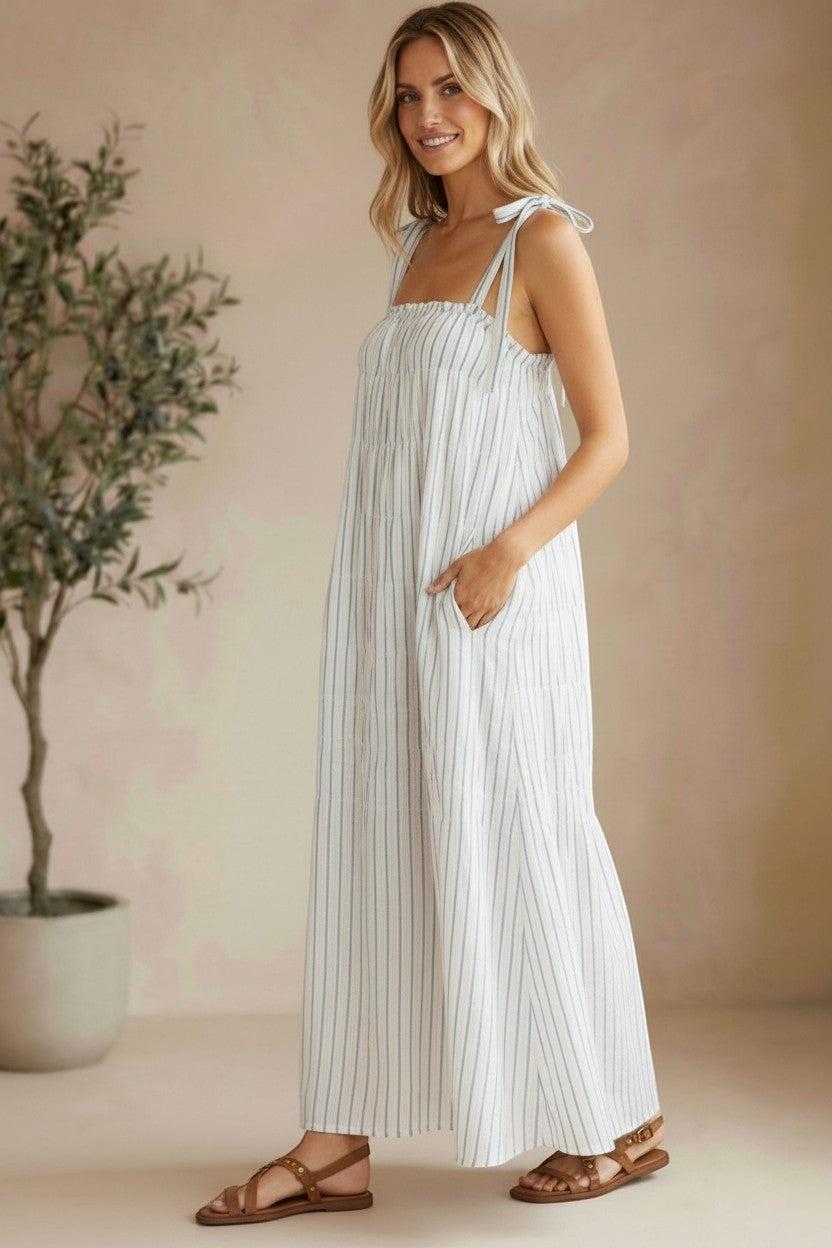 Striped Lovestitch shirred tie-shoulder maxi dress with flowing silhouette and adjustable straps, perfect for warm weather.