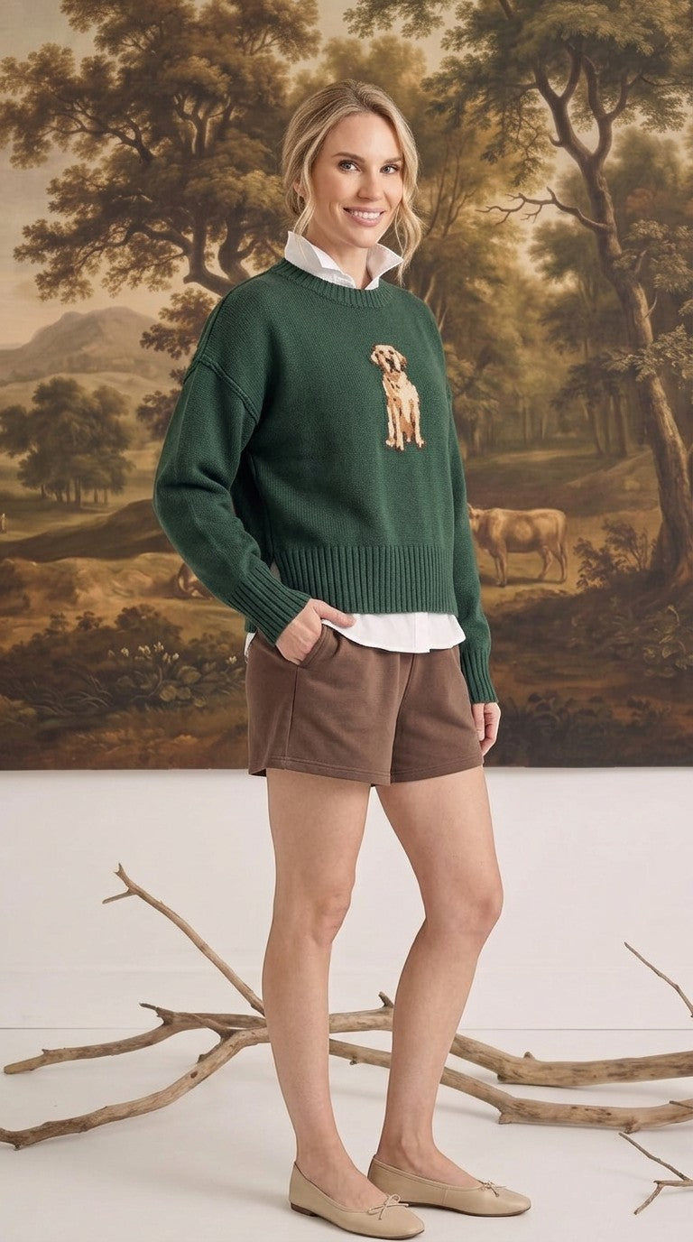 graced model wearing a dark green Sydney Retriever sweater with a dog graphic over a white shirt and brown shorts