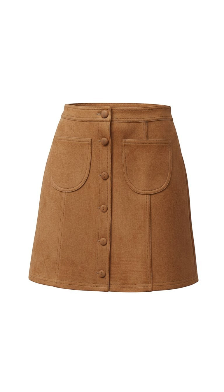 Forte tan suede button front mini skirt, stylish bottoms with front buttons and a fitted silhouette, perfect for casual or dressy wear.