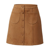 Forte tan suede button front mini skirt, stylish bottoms with front buttons and a fitted silhouette, perfect for casual or dressy wear.