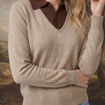 graced The Kate Collared Sweater in taupe and dark brown with a ribbed knit texture and button-up collar detail.