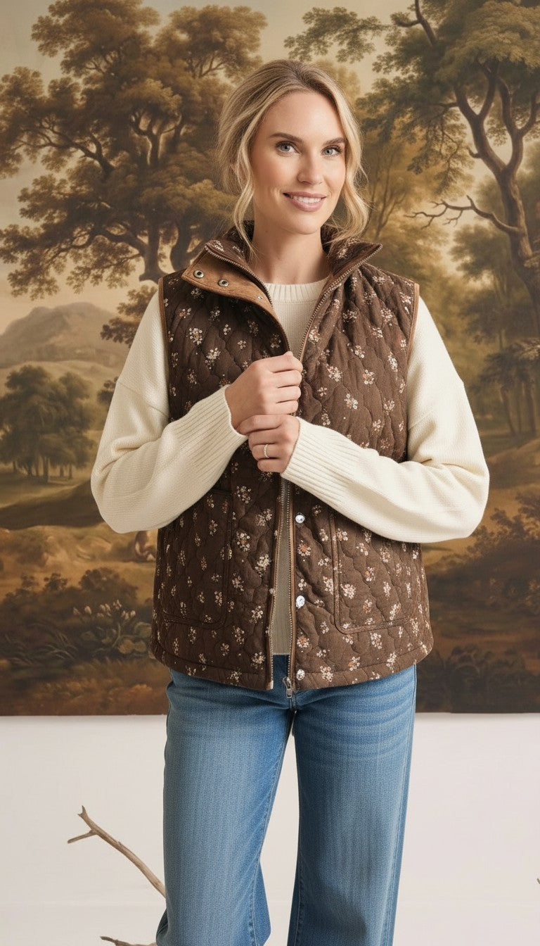 graced The Teagan Quilted Vest in brown with a floral pattern, worn over a cream sweater and blue jeans.
