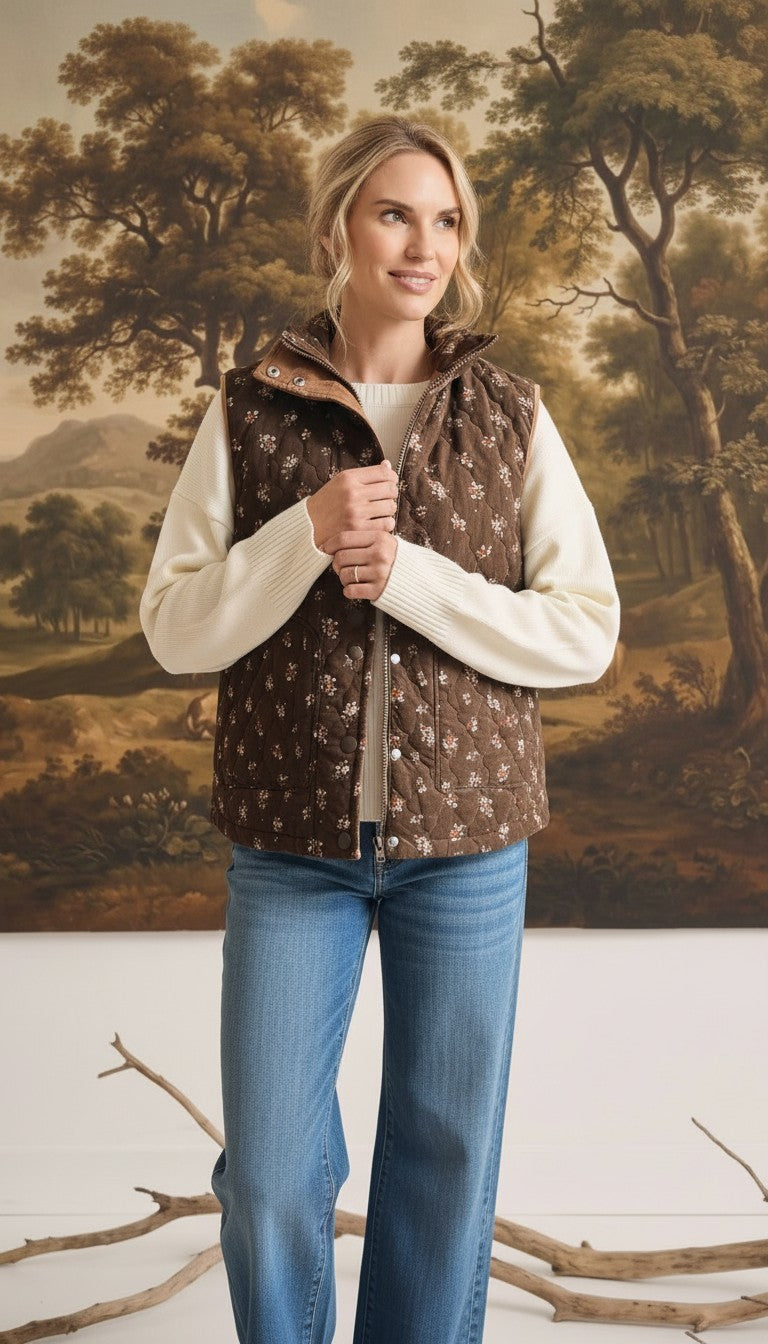 graced The Teagan Quilted Vest in brown with a floral pattern, worn over a cream sweater and blue jeans