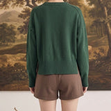 graced The Sydney Retriever Sweater in dark green with a ribbed hem and cuffs, worn by a model from the back view.