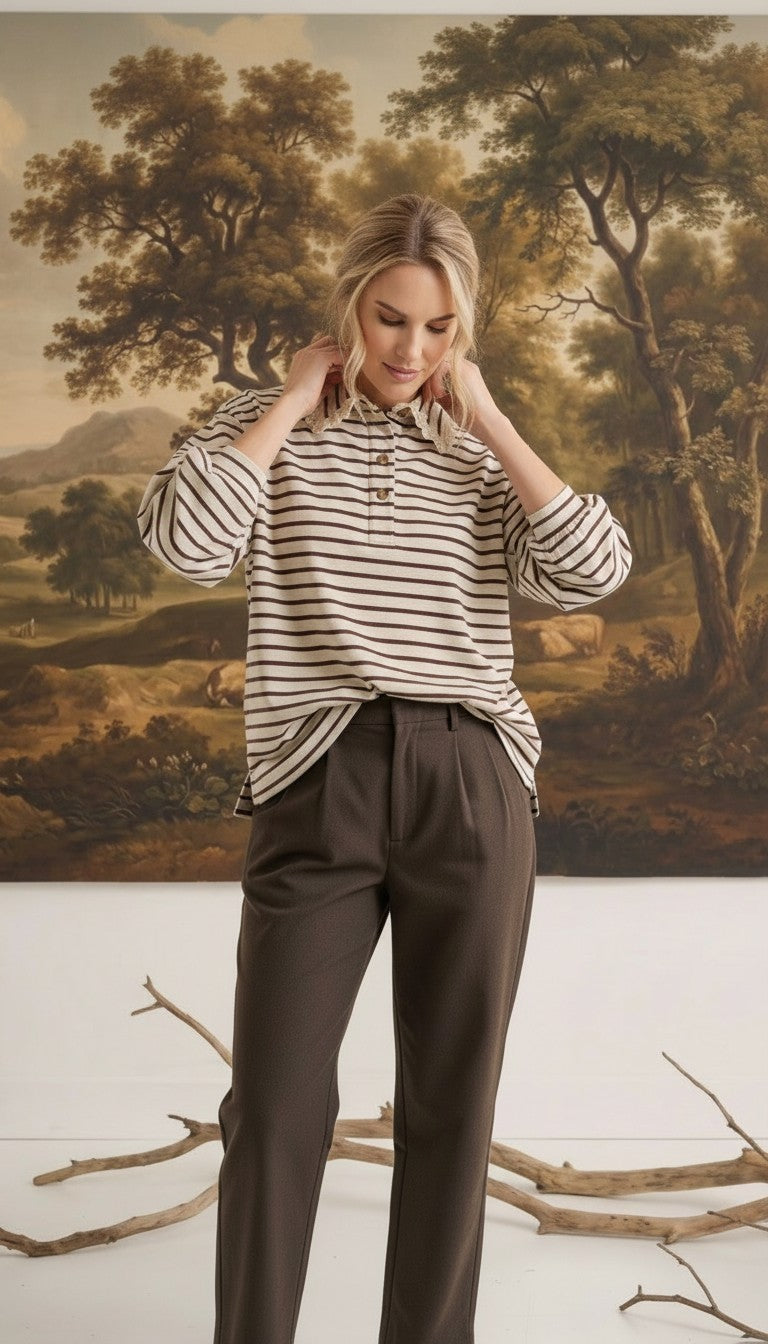 graced Tracy striped polo top with lace collar and cuffs worn by a model in a studio setting
