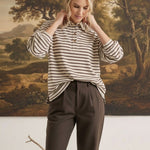 graced Tracy striped polo top with lace collar and cuffs worn by a model in a studio setting