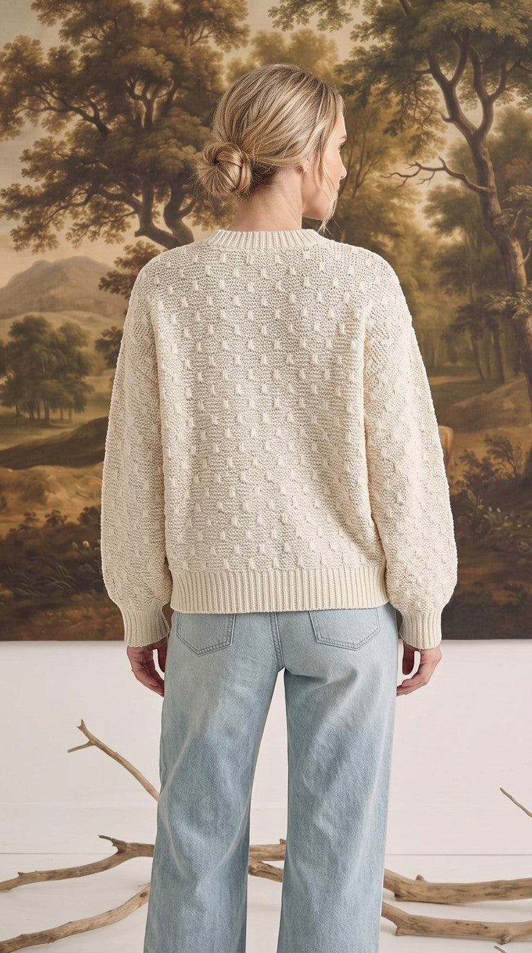 graced two tone textured weave sweater in cream worn by a woman with light blue jeans, back view