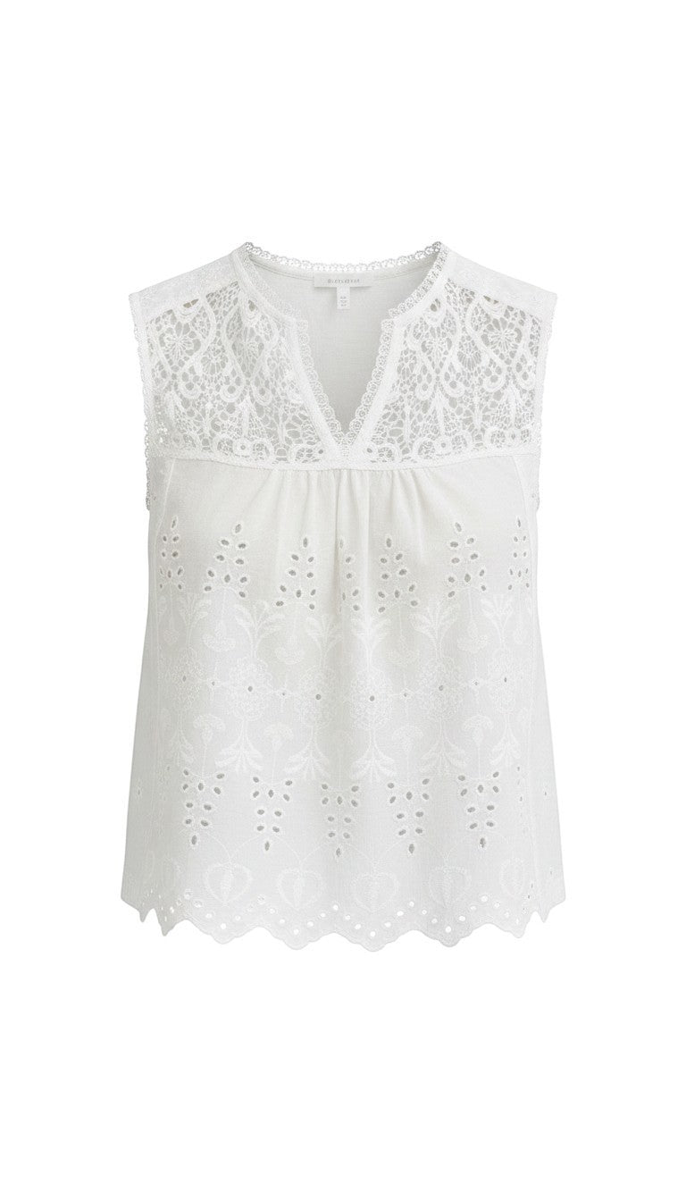 White sleeveless eyelet lace tank top by Lovestitch, featuring intricate eyelet detailing and a feminine blouse style.