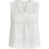 White sleeveless eyelet lace tank top by Lovestitch, featuring intricate eyelet detailing and a feminine blouse style.