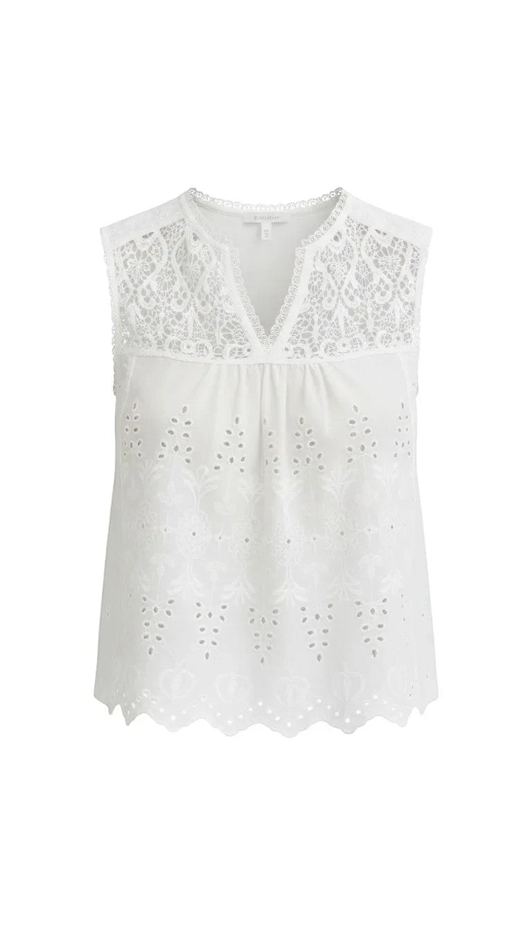 White sleeveless eyelet lace tank top by Lovestitch, featuring delicate lace details and a relaxed blouse style.