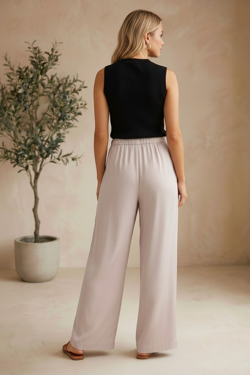 Taupe Be Cool flowy Tencel wide-leg pants, showcasing their relaxed fit and smooth fabric in a stylish bottom wear image.
