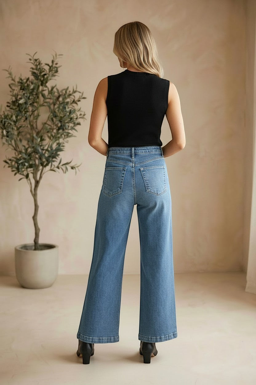 JBD Patch Pocket Wide Leg Jeans showing the relaxed fit, front patch pockets, and classic denim design.